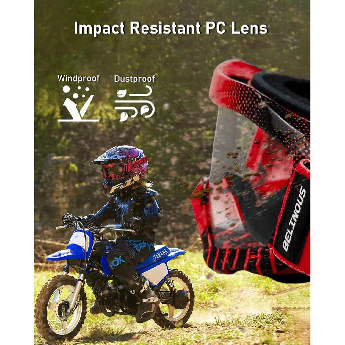 BELINOUS Kid Riding Goggles for ATV Dirt Bike Motorcycle Motorcross MX, Youth Dirt Bike Goggles for Kids 3-12 with Soft Strap