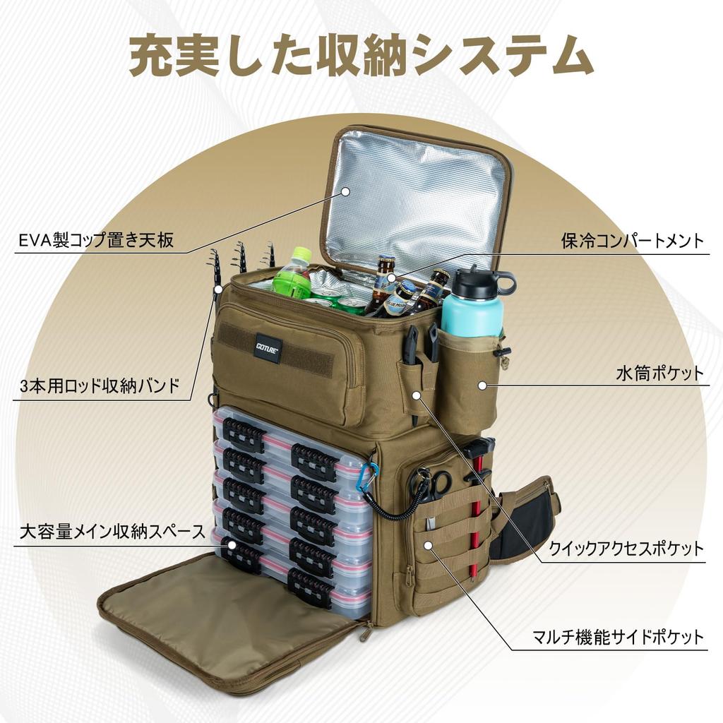 Goture Angelrucksack, Angeltaschen, 66L Große Kapazität, 600D Oxford-Gewebe, SBS-Reißverschluss, Wasserabweisend, Kühlbox-Funktion, Erweiterbar EVA