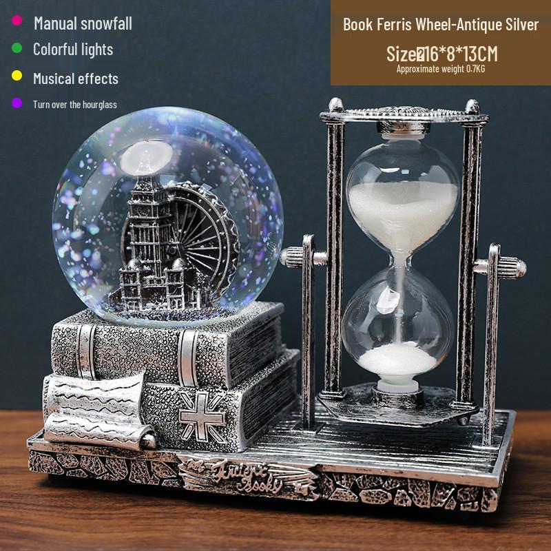 Retro Iron Tower Music Box with Luminous Crystal Ball Hourglass - Perfect for Desktop Ornament or Small Gift for Graduation, Qixi, or Valentine's Day.