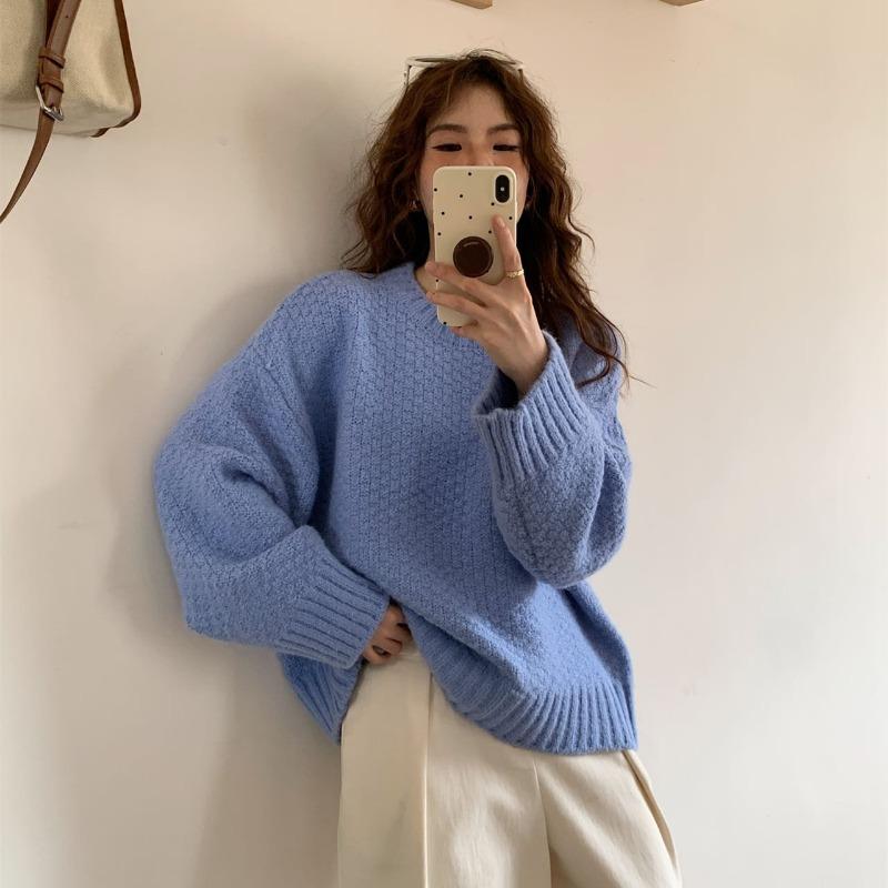 

Вязаный свитер с круглым вырезом и узором из ананасов большого размера для женского осенне-зимнего сезона, новый свободный повседневный пуловер с длинными рукавами для женщин One size королевский синий