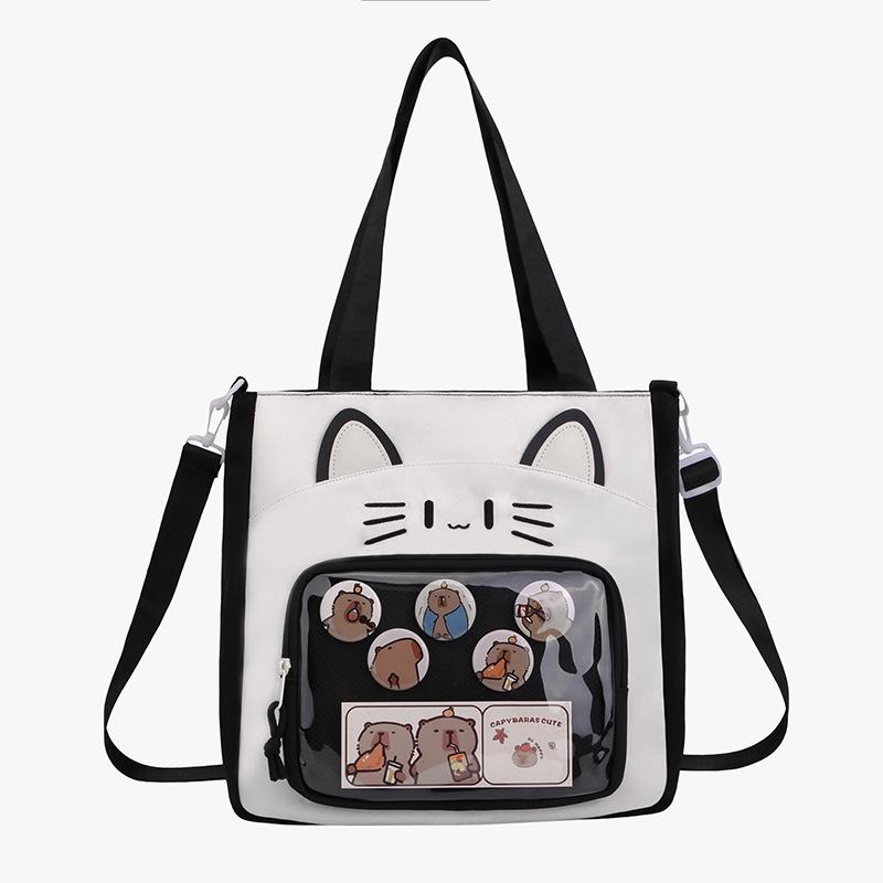 Large Capacity Cute Kitten Ita Bag - Cartoon Print Transparent Shoulder Bag for Students