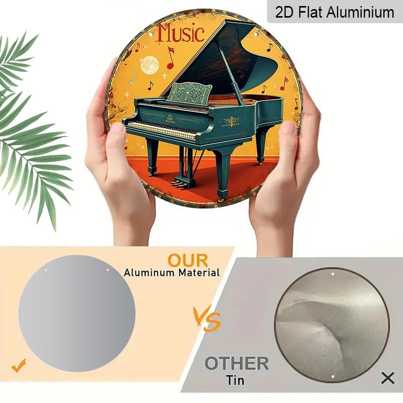2D Flat Aluminum Decorative Plaques and Ornaments Sign, Hanging Wall Art with Classic Grand Piano Illustration, Retro Music Room Decor for Home