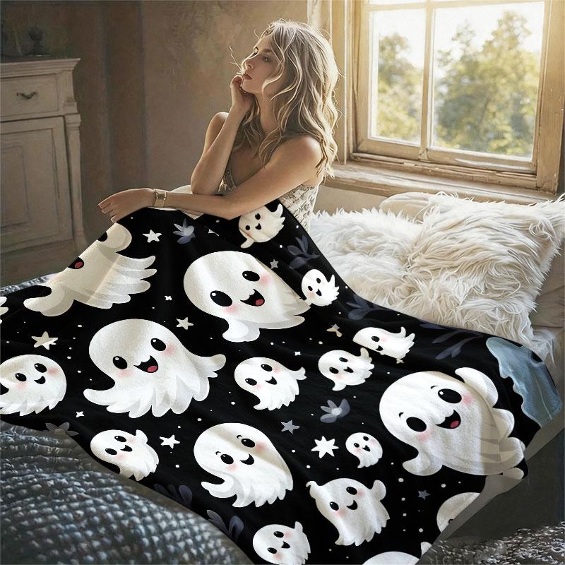 Cute Ghost Halloween Pattern Flannel Blanket Warm Soft Halloween Christmas Decorative Couch Warm Cozy All-Season Gift
