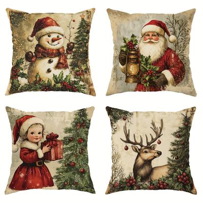 Weihnachtsdekoration Kissenbezug im Retro-Stil mit Rehkitz, Schneemann, Weihnachtsmann, kleines Mädchen-Muster, geeignet für Sofakissenbezug zu Hause