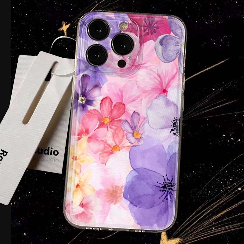 Pink Purple FloralPhone Case For iPhone 17 Air 16E 16 15 14 11 Pro Max Plus 13 12 Mini 8 7 X Transparent Shockproof Cover