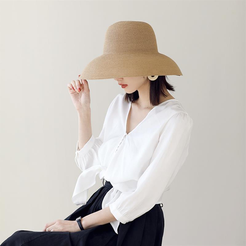Cappello da sole da donna stile Hepburn francese Cappello a secchiello da spiaggia Pieghevole Grande Rotondo Panama Intrecciato Ampio Cappello di Paglia di Carta