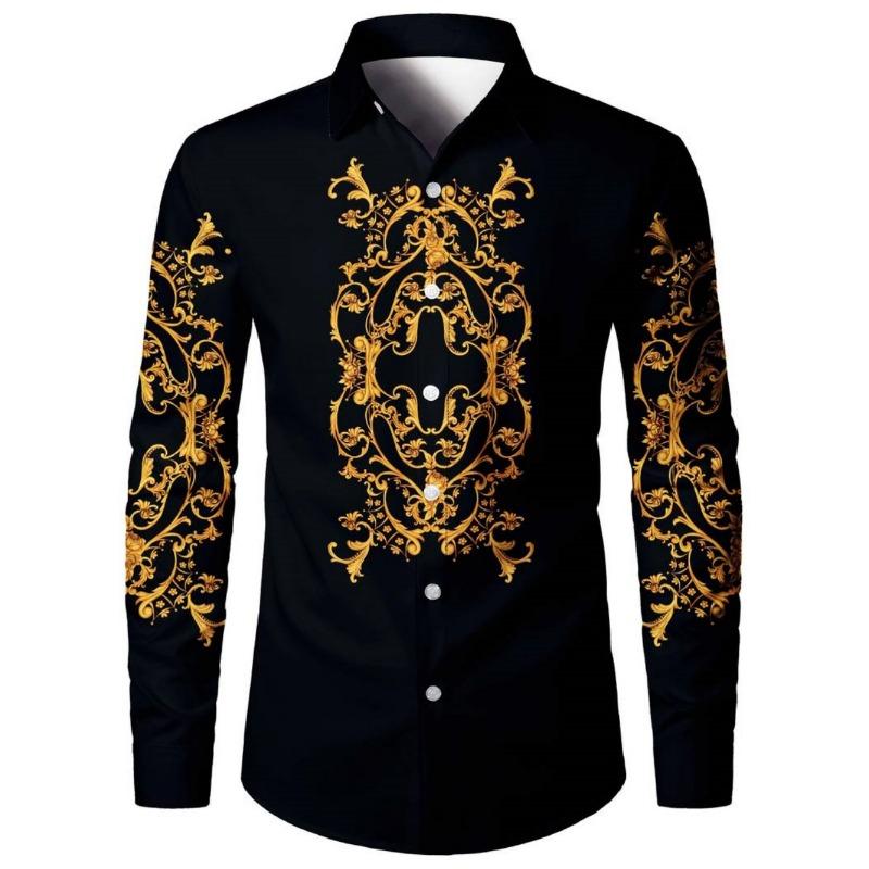 Men's Casual Long Sleeve Lapel Shirt Retro Ethnic Floral Print Fashion Loose Comfortable Long Sleeve Shirts for Man Simple Top