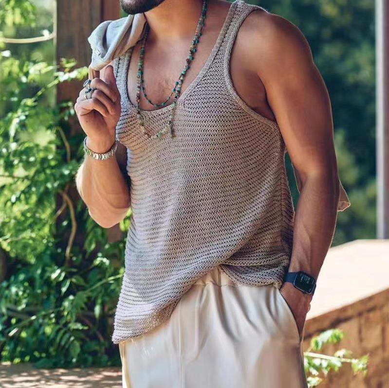 2023 Men Summer Tank Top Knitted Solid Color Sleeveless Vest Tops Gym Fitness Workout Clothes Fashion Crew Neck T Shirt Undershirts