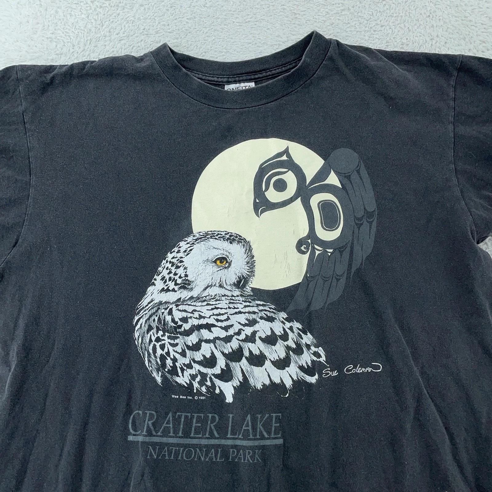 Vintage Crater Lake National Park Owl Shirt Mens XL Black Sue Coleman Art 90s 3XL