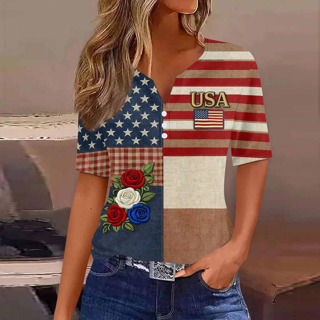 Women's Fashion Casual Independence Day Print V-Neck Short Sleeve Button-Up T-Shirt Top
