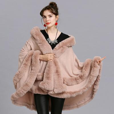 Women's Coat Autumn and Winter New Large Size Imitation Fur Collar Shawl Fur Hooded Knitted Cardigan Shawl Cape Jacket