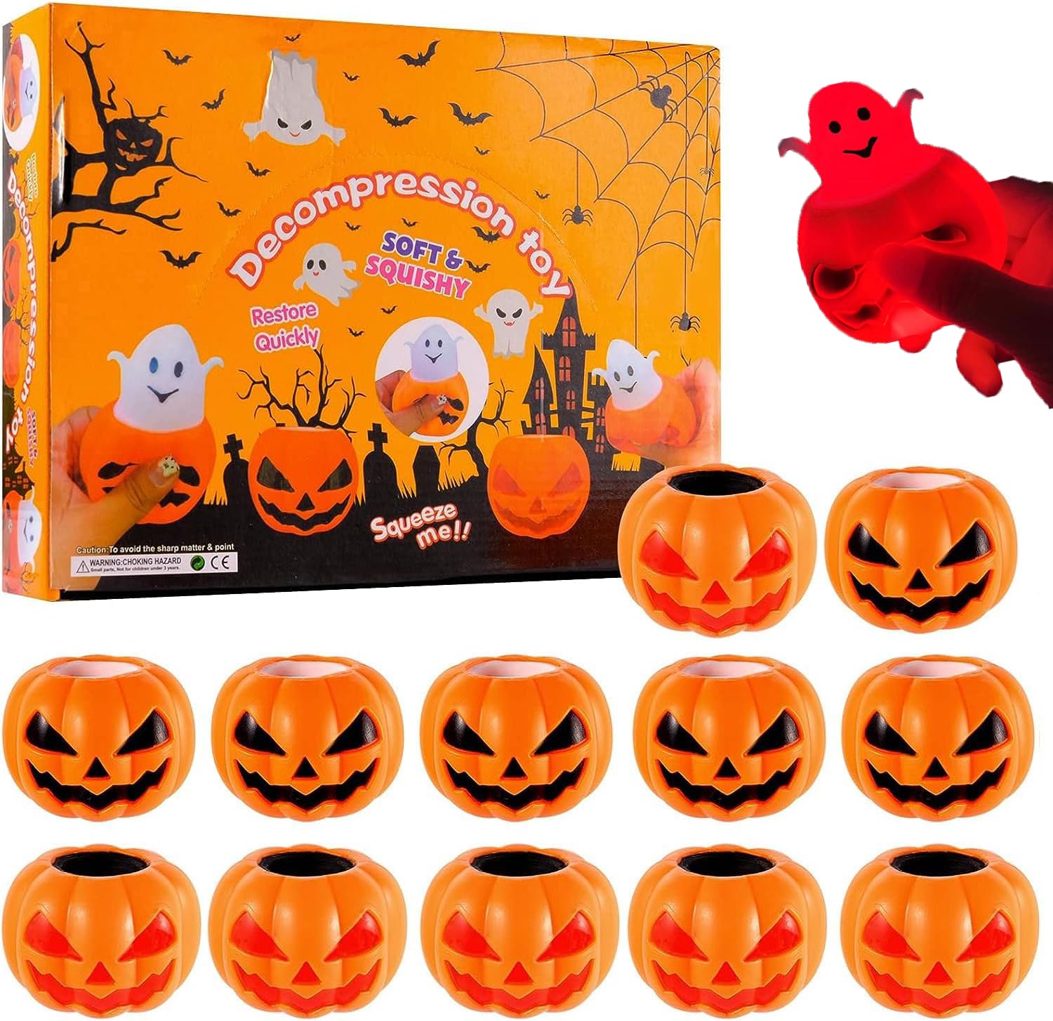 

Set of 12 Glowing Pumpkin Ghost Squeeze Toys for Stress Cute Silicone Halloween Party Halloween Cased LED Toys, Halloween, Relief, Prizes, Figurines,