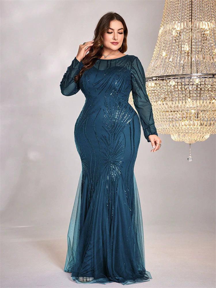 Plus Size Sequined Mermaid Bridesmaid Gown - Elegant Slim Fit with Round Neck for Evening or Banquet