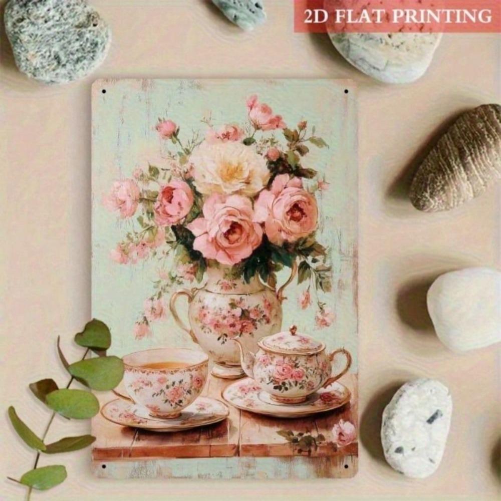 Planetjuice Planetjuice Vintage Floral Rose Teacup Metal Wall Art Rustic Garden Sign X Inch Retro Tea Room