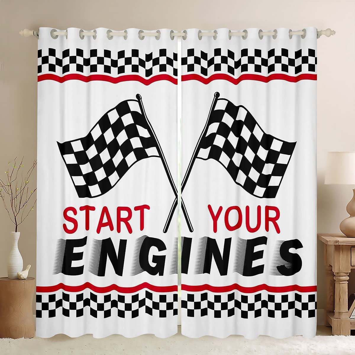 

2Panel Racing Car Flag Print Curtains for Bedroom Living Room Floor-to-ceiling Window Kitchen Blinds Grommet Top cortinas Drape (W50H130cm)-2pcs&Grommet Top