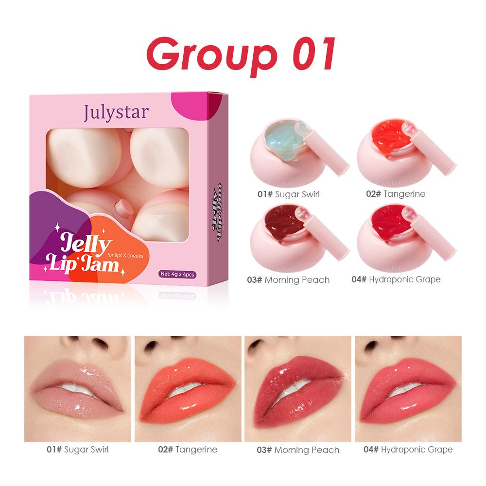 JULYSTAR 4pcs Jelly Lip Tint Set, Moisturizing Solid Lip Gloss for Lips & Cheeks, Multi-Use Hydrating Plumping Lip Balm Tinted Cheek Blush Makeup Gift