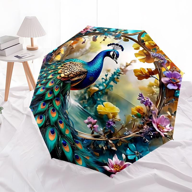 Peacock, Floral Automatic Folding Umbrella Compact 8 Rib Design, Unique Style, Suitable for Everyday Outdoor Use, Perfect Gift for Friends a