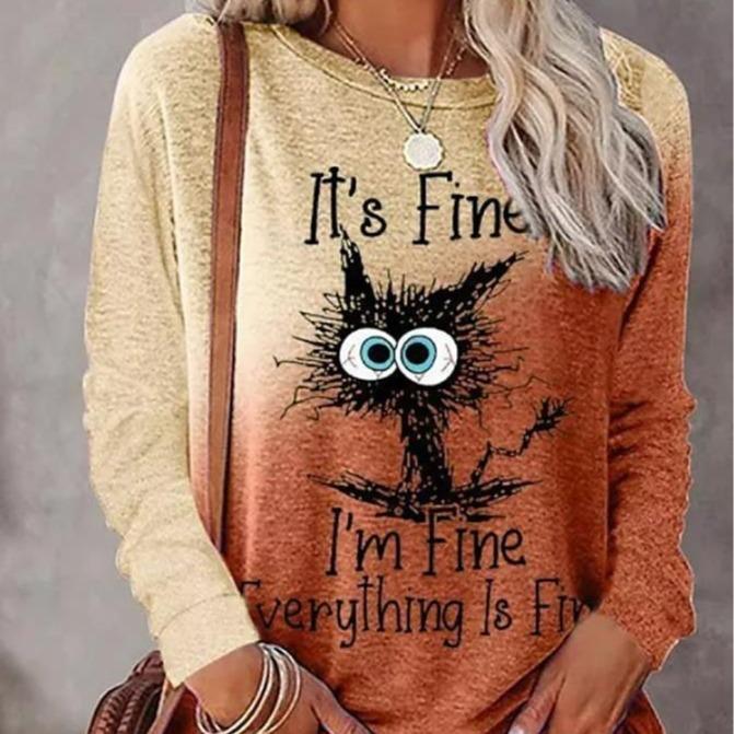 

Spring and Autumn Round Neck 3D Cat Printed Top Fashionable Casual Long Sleeved Women s T-shirts S