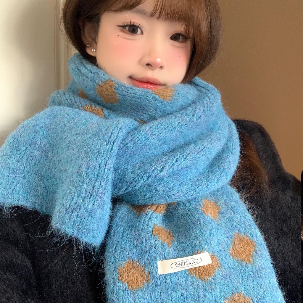 Soft Waxy White Polka Dots Blue Knitted Wool Scarf Women's Winter Warm and Cold Neck Scarf Korean High-end Sense
