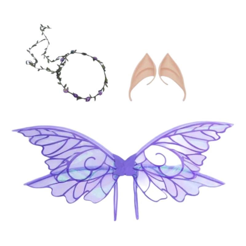 Girls Butterfly Wing Elf Wing with Elf Ears Flower Wreath Halloween Costume Accessories for Girl Christmas Wedding