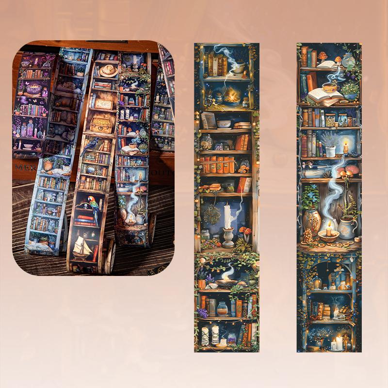 Dark Magic Bookcase Pet Tape Set With Clip, Waterproof Gothic Scrapbook Sticker Rolls