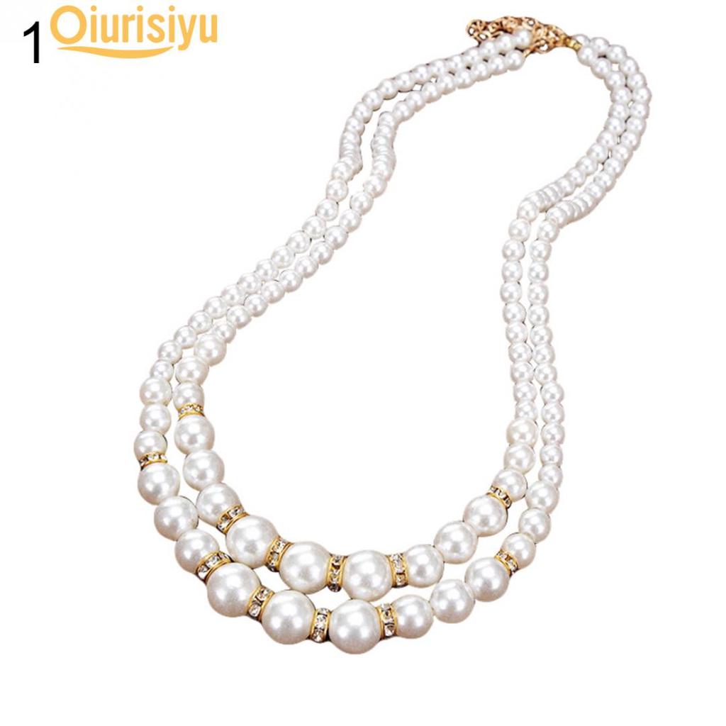 Women Faux Pearl Beads Rhinestone Inlaid Double Layer Necklace Jewelry
