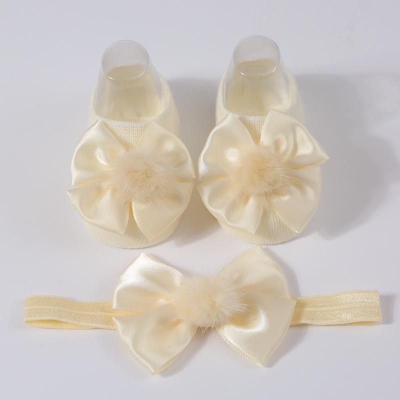 Baby Girl Princess Socks With Headband, Plush Bowknot Children's Socks Solid Color Kids Socks