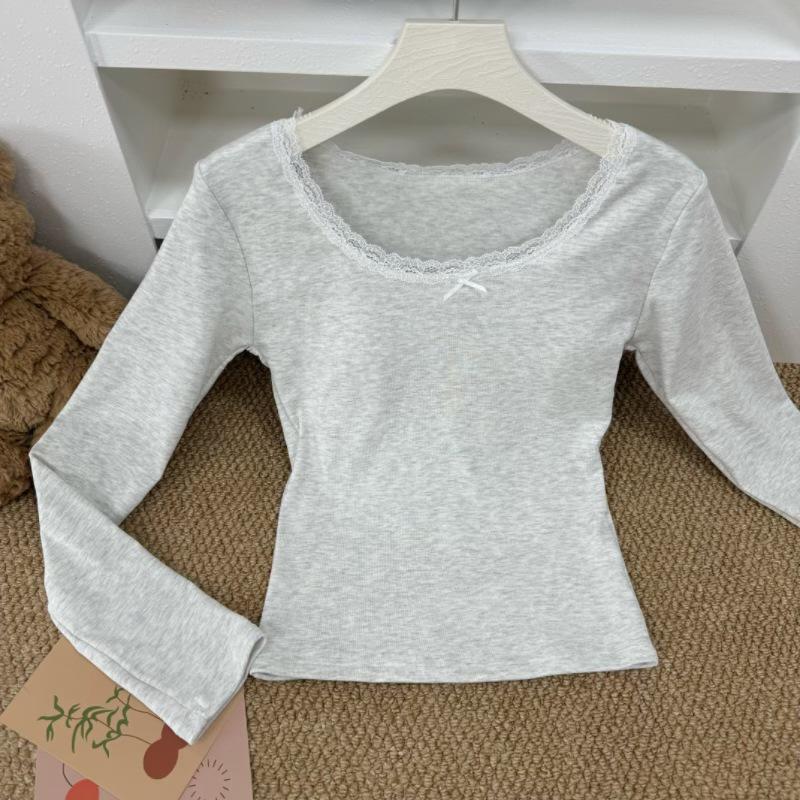 

Lace Patchwork U-neck Tie-up Long Sleeve Slimming Top for Women - Autumn/Winter One Size [Recommended 75-120 jin]