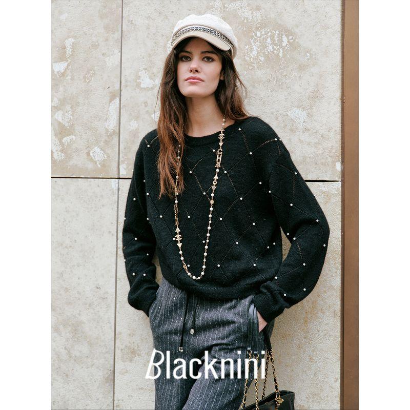 Blacknini Yin Huafu/"Pearl Shirt" Herbalife Fleece Rhombus Hollow Round neck sweater Pullover Knit