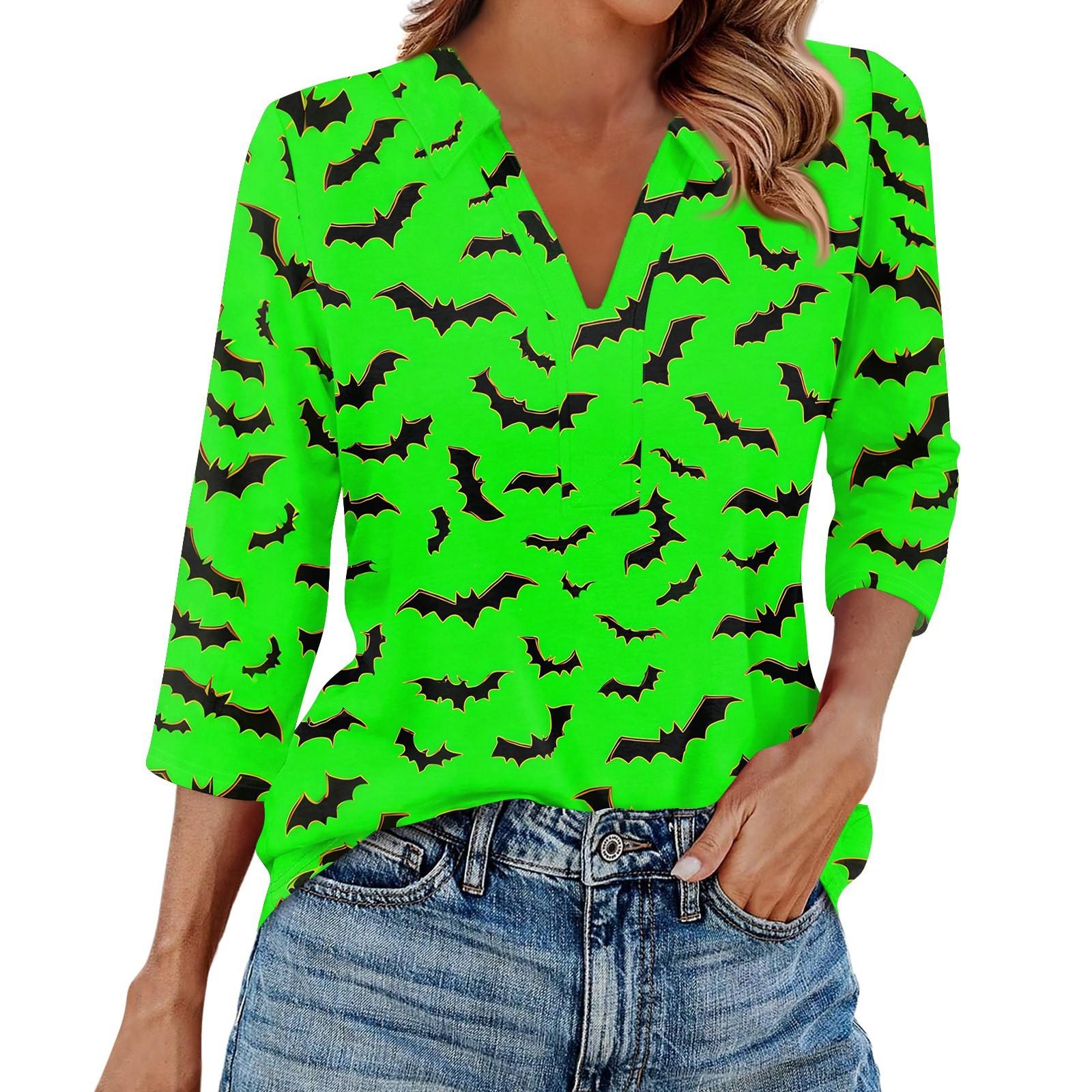 

Женская модная повседневная рубашка с лацканами и рукавами 3/4 с принтом на Хэллоуин, женские топы с V-образным вырезом S зелёный