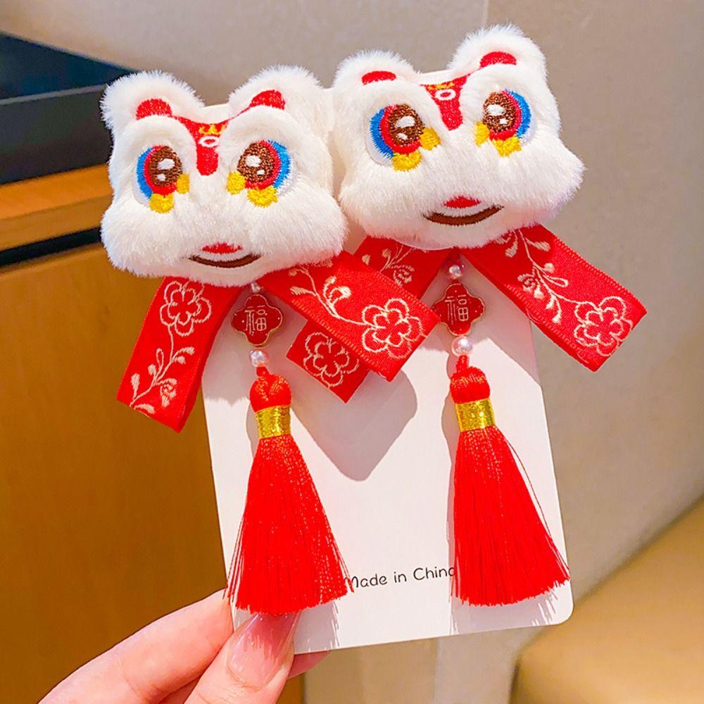 Lion Dance Chinese New Year Headwear Tassel Hanfu Hair Sticks Cute Children Red Bow Hairpin  Baby