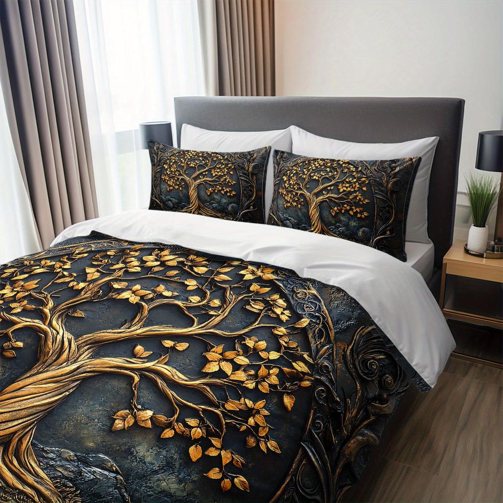 3pcs Luxury Golden Tree of Life Bedding Duvet Cover Set Bohemian Tree of Life Bedding Quilt Set Elegant Tree of Life Themed Bed