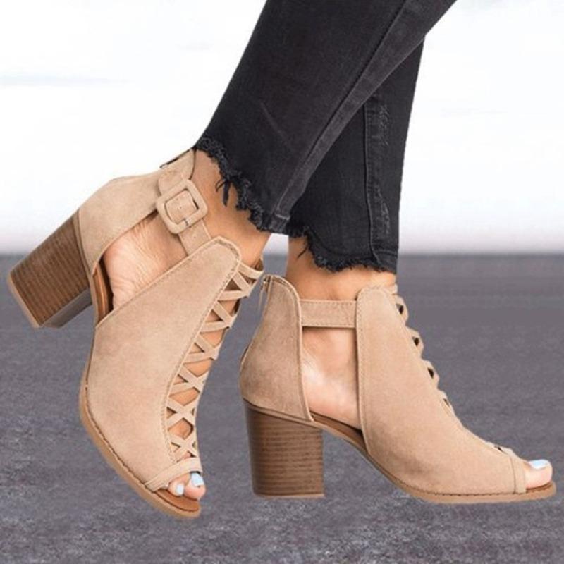 Spring and summer new large size women's fish mouth thick heel high heels mesh one-word ring buckle rear zipper women's sandals