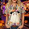 Women's Short Sleeve Cotton Linen Shirt Henley Neck Button Front Chest Pocket Halloween Print Casual Top