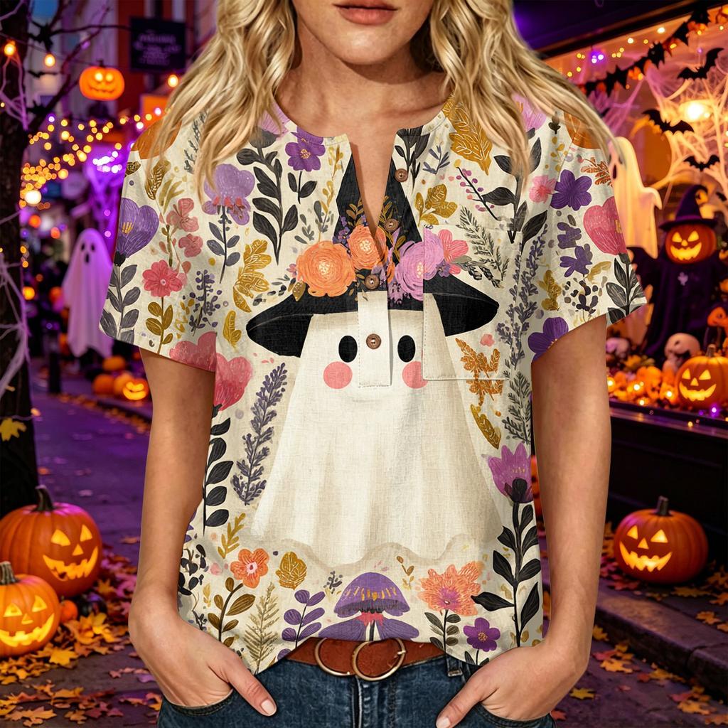 Women's Short Sleeve Cotton Linen Shirt Henley Neck Button Front Chest Pocket Halloween Print Casual Top