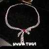 Court Dopamine Rouge Pink Bow Gemstone Necklace Haute Couture Jewelry, French Butterfly Flash Diamond Earrings Set