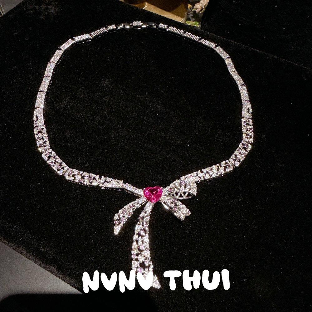Court Dopamine Rouge Pink Bow Gemstone Necklace Haute Couture Jewelry, French Butterfly Flash Diamond Earrings Set
