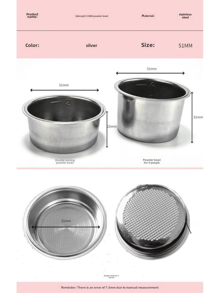 De'Longhi Semi-Automatic Coffee Machine Spare Parts - Stainless Steel Coffee Powder Bowl 51mm for EC5 EC7 EC9