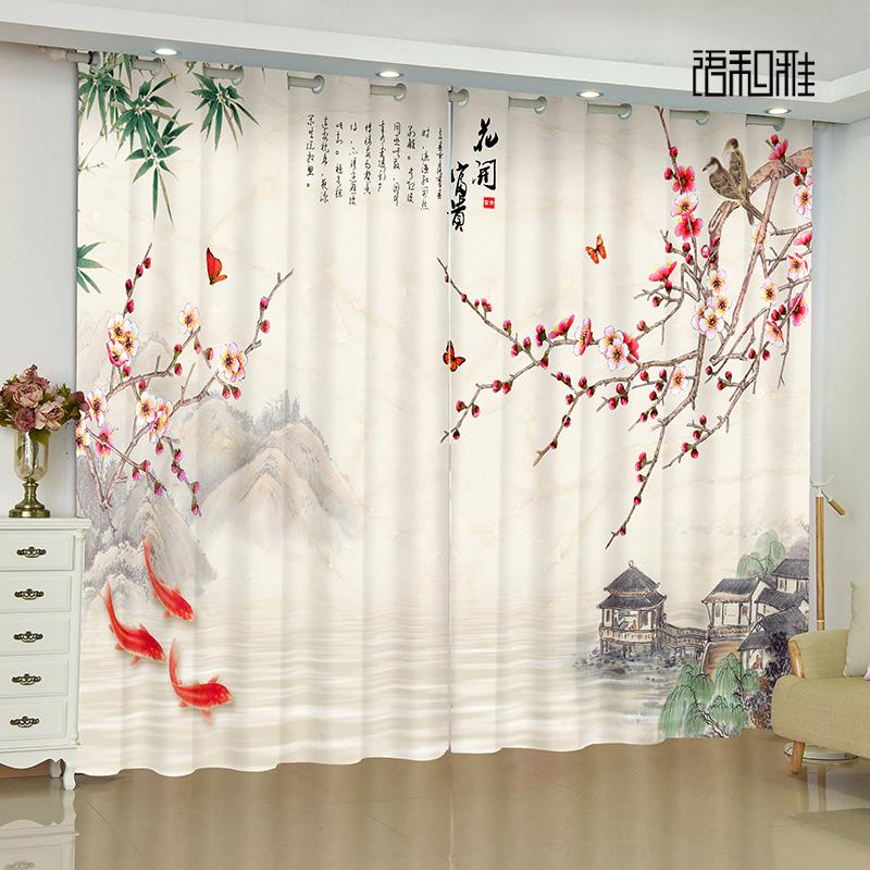 

2 панели занавески в китайском стиле с изображением пионов и птиц в классическом стиле для гостиной, спальни, кабинета, окна от пола до потолка 135W185H(CM)53x73in&rod pocket