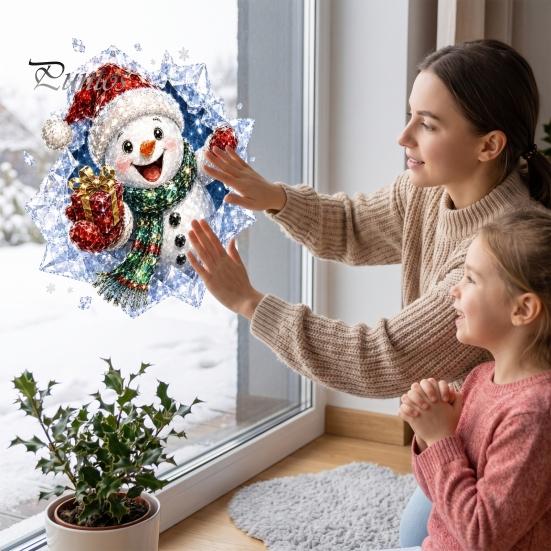 Self Adhesive Wall Stickers 3D Christmas Static Window Clings, Santa Snowman Reindeer Glass Stickers, Easy to Apply Graphics PVC Holiday Decals