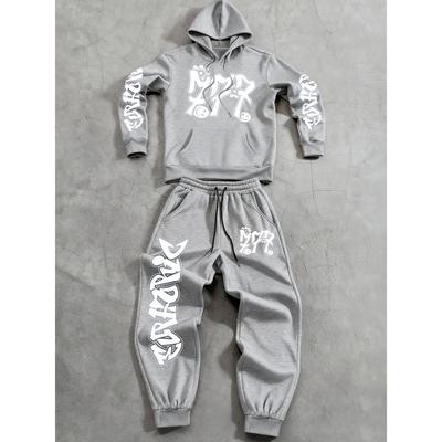 Men's Graffiti Letter Pattern Printed Drawstring Pocket Hoodie Pants Set Drawstring Outdoor Casual Sports Pants Hoodie 2 Piece Set