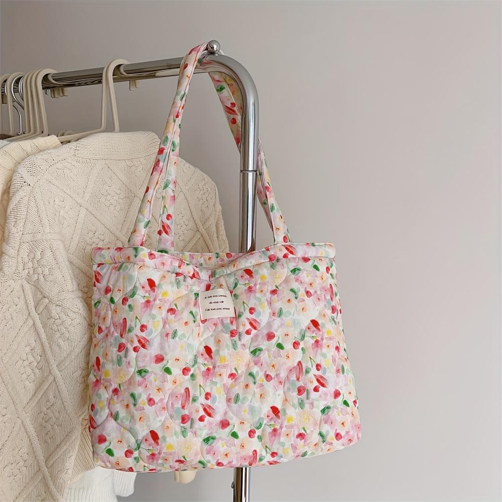 Large Capacity Floral Canvas Tote Bag Foldable Shoulder Bag with Fixed Straps, Canvas Lining, No-Closure Design, Machine Washable