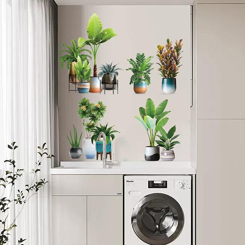 Potted Green Plant Wall Sticker Turtle Back Bamboo Leaf Decor for Restaurant Living Room Balcony Glass Door Bathroom Vinyl Adhesive Decal