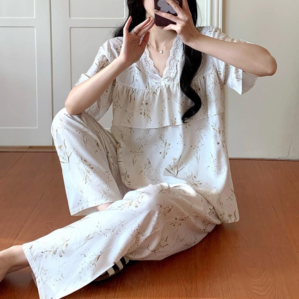 Short-sleeved Trousers Cotton and Silk Pajamas Women's Summer Thin Suit Japanese Sweet Anti-bumps Can Be Worn Outside Cotton Silk Loungewear