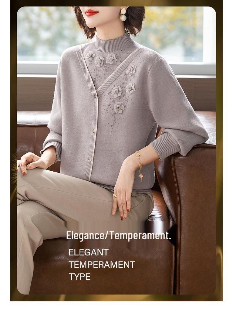 Mom's Winter Plus Velvet Layered Half-High Collar Sweater for Middle-Aged and Elderly Women - Warm Knitwear Base Layer