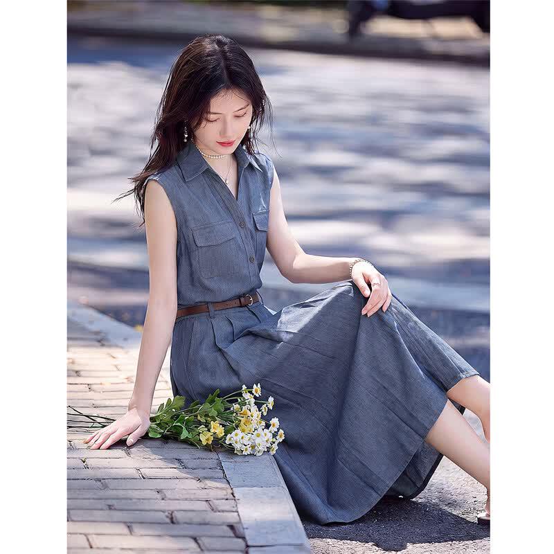 Women's Linen Blend Sleeveless Shirt & Denim-Style Skirt Set