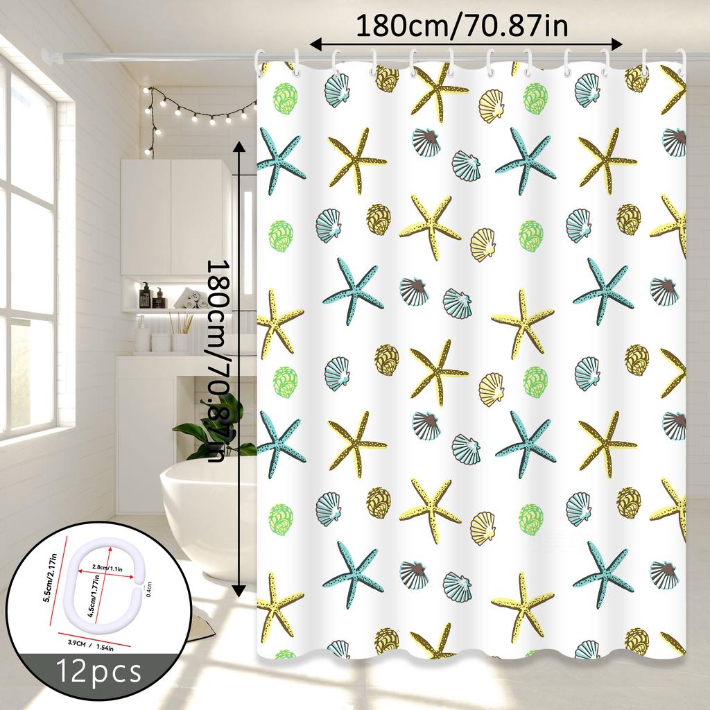 Starfish Fun Pattern Shower Curtain, Fresh Ocean Style Bathroom Partition Curtain, Great Item For Rental House Renovation And Bathroom Soft Decoration
