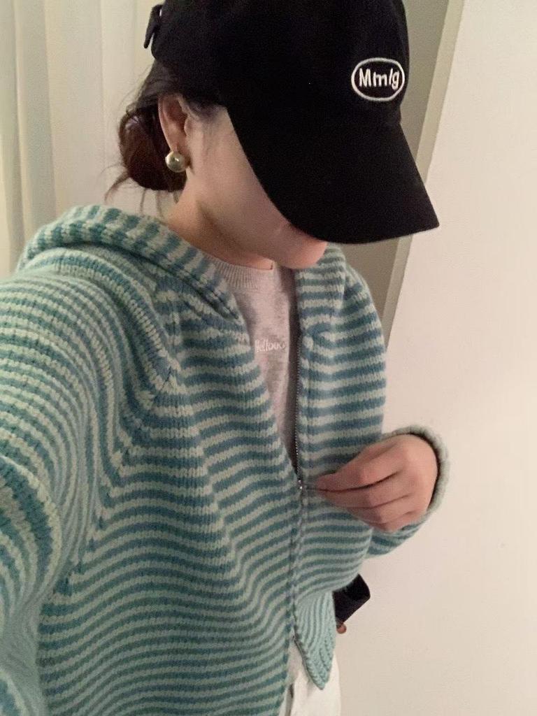 Korean Color Block Stripe Hooded Cardigan for Women - Autumn/Winter Fashion