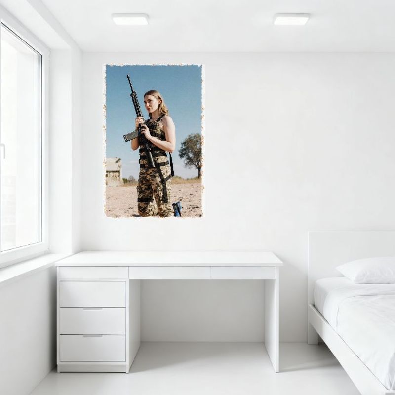Sexy Blonde Woman in Camo Military Attire Kneeling with Rifle Desert Post-Apocalyptic Scene Tin Sign Metal Poster for Bar Pub Ho