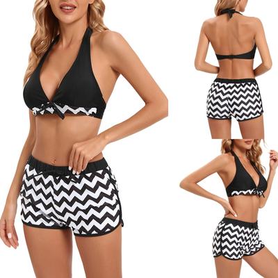 Costume da Bagno Estivo Sexy alla Moda Senza Schiena a Strisce Patchwork con Spacco e Collo Appeso Bikini Costume Intero Tankini Costumi da Bagno Donna